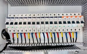Close-up of an organized circuit breaker panel featuring color-coded electrical wiring.